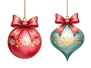 Poster - Watercolor Christmas Ornaments With Ornate Bows Isolated On A White Background In Transparent Png Format For Easy Use. 00003