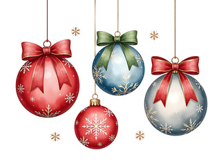 Poster - Watercolor Christmas Ornaments With Ornate Bows Isolated On A White Background In Transparent Png Format For Easy Use. 00001