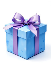 Poster - Watercolor Blue Gift Box Features A Delicate Purple Bow Isolated Against A Clean White Background For A Elegant Presentation. 00003