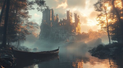 Wall Mural - Enigmatic Castle Ruins at Sunset: A Serene Landscape