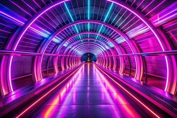 Poster - Futuristic Abstract Tunnel: Purple & Pink Neon Light Streaks - Stock Photo