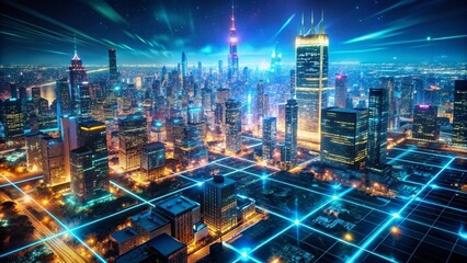 Poster - Futuristic Aerial Cityscape: Glowing HUD & Virtual Reality Interface