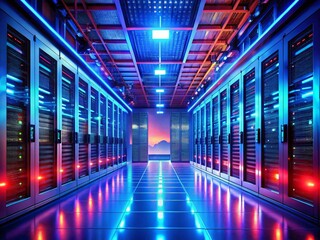 Poster - Futuristic Data Center: Vibrant Blue & Red Server Room Technology
