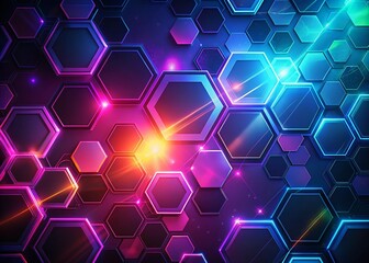 Poster - Futuristic Digital Hexagon Abstract Background: Dark Space, Floating Geometric Shapes, Copy Space