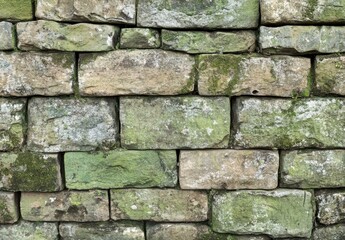 Poster - Detailed Close-Up of a Natural Stone Wall with Moss and Texture, Showcasing the Unique Patterns and Colors of Weathered Rocks in a Rustic Environment