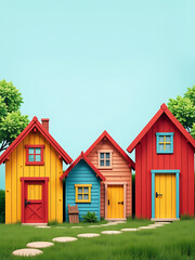 Poster - Vibrant Wooden Houses Depicted In A Colorful Banner With Ample Copy Space For Creative Design And Branding Ideas. 00001