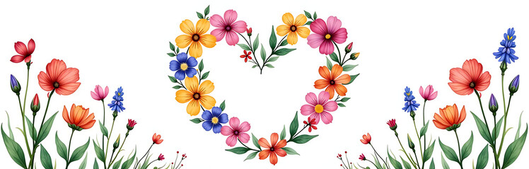 Poster - Vibrant Watercolor Wildflowers Form A Beautiful Heart Shape Against A Clean White Background With Plenty Of Space To Breathe. 00003