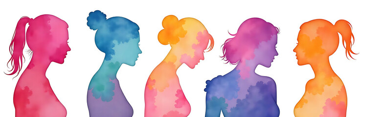 Poster - Vibrant Watercolor Silhouettes Of Women Placed Against A White Background Create A Visually Appealing And Intriguing Art Piece. 00002
