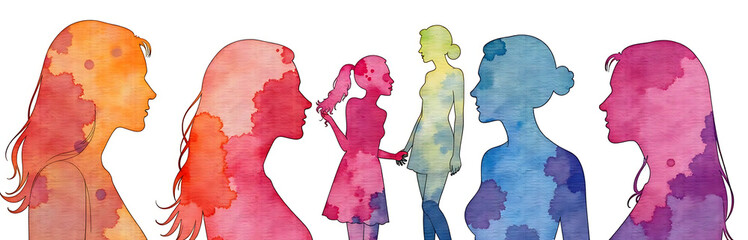 Poster - Vibrant Watercolor Silhouettes Of Women Placed Against A White Background Create A Visually Appealing And Intriguing Art Piece. 00001