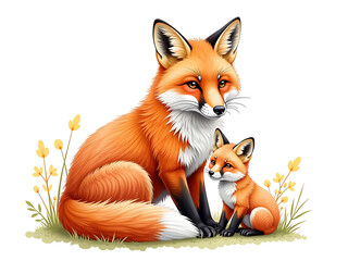 Poster - Vibrant Watercolor Painting Depicts A Mother Fox Surrounded By Her Baby, Isolated On A White Background Created With Ai Technology. 00001