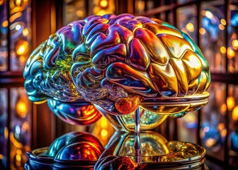 Poster - Glass & Metal Brain Sculpture Illuminated - Abstract Architectural Photography