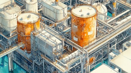Aerial View of Industrial Storage Tanks and Pipelines in Factory Setting