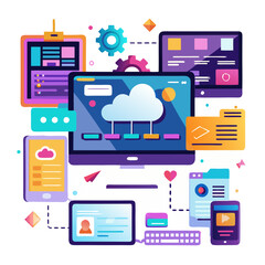 Aufkleber - Vibrant digital interface showcasing interconnected screens and cloud computing concepts in a modern design setting