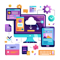 Aufkleber - Vibrant digital screens display modern interface design showcasing cloud technology and various app functionalities