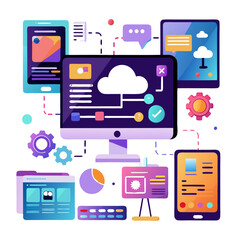 Aufkleber - Digital screens display vibrant modern interfaces for various applications and cloud services in a tech-focused environment