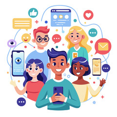Poster - Diverse users joyfully engaging with mobile apps in a vibrant and interactive digital environment