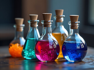 Poster - Vibrant Glass Bottles Filled With Colorful Magic Potions Sit On A Blurred Background, Created Using Artificial Intelligence Generative Techniques. 00002