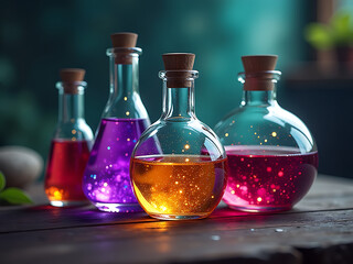 Poster - Vibrant Glass Bottles Filled With Colorful Magic Potions Sit On A Blurred Background, Created Using Artificial Intelligence Generative Techniques. 00001