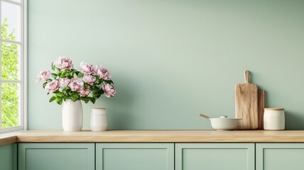 Serene Pastel Green Kitchen Interior Mockup with Spring Flowers