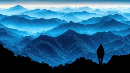 solitary hiker silhouetted against vast, blue mountain range at dawn.