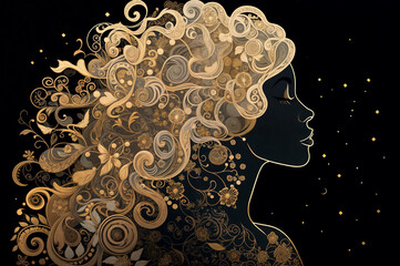 Wall Mural - woman with golden hair, adorned in an elegant and intricate pattern of swirling curls that shimmer like stars against the dark background. The illustration is rendered using vector art techniques to c