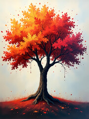 Poster - Vibrant Autumn Tree Oil Painting Showcases Colorful Brushstrokes Against A Textured Canvas In A Beautiful Display Of Artistic Skill And Creativity. 00003