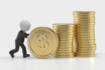 Poster - A 3D businessman pushes a large gold coin towards stacks of gold coins, symbolizing wealth and financial growth.