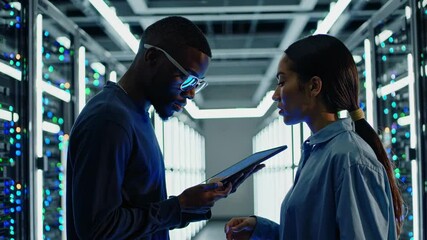 Aufkleber - Collaborative work between two professionals in a data center examining information on a tablet