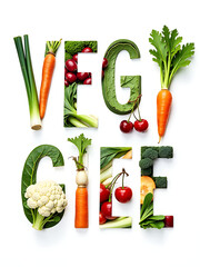 Poster - Veggie Words Isolated On White Background Feature A Collage Of Cauliflower Cherry Carrot And Leek Images Arranged In An Artistic Composition. 00003