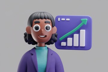 Poster - A 3D cartoon woman with a positive upward growth chart, suggesting success and progress.