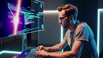 Poster - Focused programmer working intensely on coding in a modern workspace with glowing screens and a minimalist design