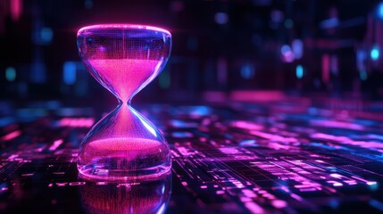 Poster - Hourglass in Neon Digital Background Reflecting Time and Technology