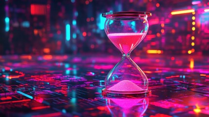Wall Mural - vibrant hourglass in futuristic neon environment with pink sand