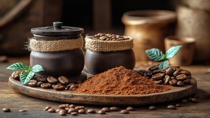 Wall Mural - Roasted coffee beans, ground coffee, and coffee plant leaves on wooden tray.