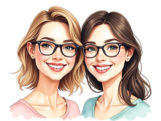 Poster - Two Smiling Women With Glasses Are Depicted In A Watercolor Illustration Created Using Generative Ai Against A Clean White Background. 00002
