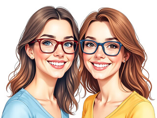 Poster - Two Smiling Women With Glasses Are Depicted In A Watercolor Illustration Created Using Generative Ai Against A Clean White Background. 00001