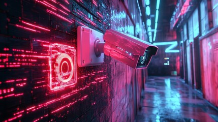Poster - Futuristic Surveillance Camera with Neon Lights in Modern Alley