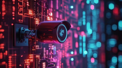 Poster - Modern Surveillance Camera Against Neon Circuit Background