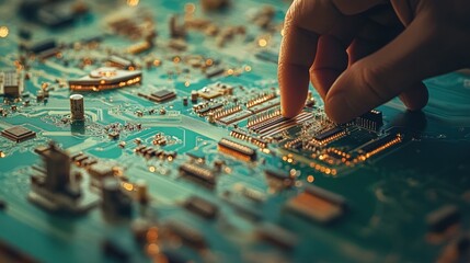 Poster - Close-Up of a Hand Inspecting a Circuit Board with Microchips