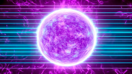 Wall Mural - glowing purple planet emitting light and energy with horizontal lines background