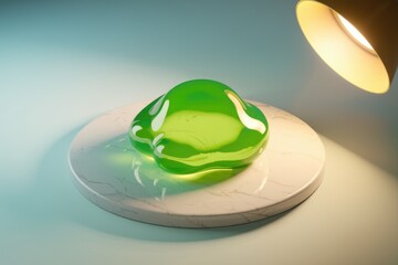 Poster - A vibrant green, amorphous blob of translucent jelly rests on a pristine white marble platform, illuminated by a warm overhead light.