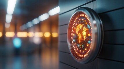Poster - Retro Holographic Clock with Glowing Elements in a Modern Interior Setting