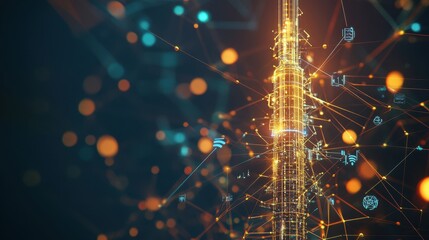 Poster - Futuristic Communication Tower with Digital Connections and Elements