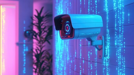 Poster - Modern Security Camera with Neon Lights in Futuristic Interior Design