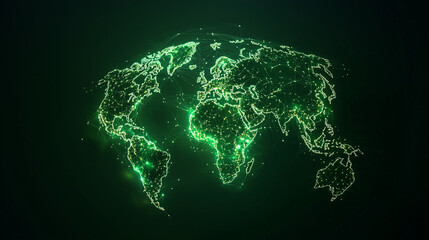 Poster - A stylized green glowing world map formed from interconnected nodes, representing global digital connectivity and technological advancements. Dark background emphasizes the network.