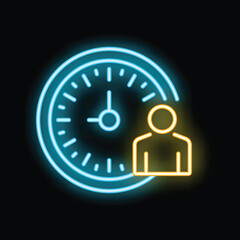 Poster - Neon style icon of a businessman standing next to a clock, representing time management in the corporate world