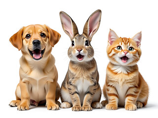 Poster - Three Surprised Animals Including A Dog, Rabbit, And Cat Are Isolated On A White Background With Transparent Png Format. 00001