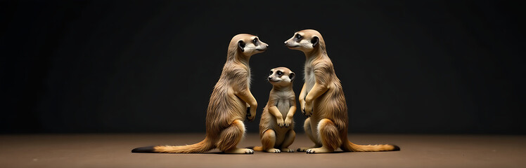 Aufkleber - Three Meerkats Stand And Gaze At One Another In Front Of A Dark Background With Ample Empty Space Nearby. 00003