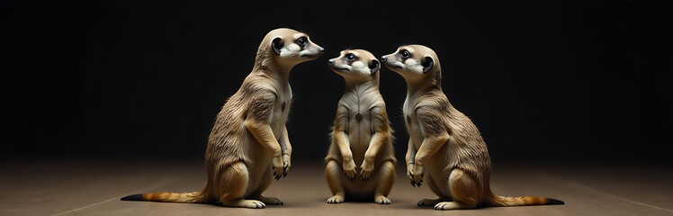 Aufkleber - Three Meerkats Stand And Gaze At One Another In Front Of A Dark Background With Ample Empty Space Nearby. 00002