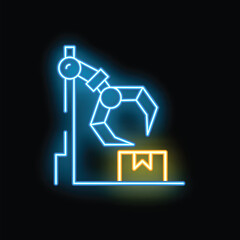 Poster - Neon glowing icon of a robotic arm picking up a parcel from a conveyor belt